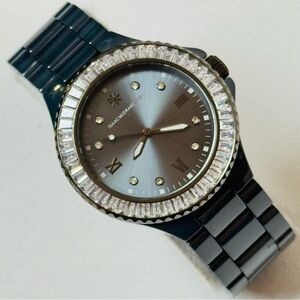 Isaac Mizrahi Live! Slate Blue Ceramic 39mm Women's Watch Baguette Crystal Bezel